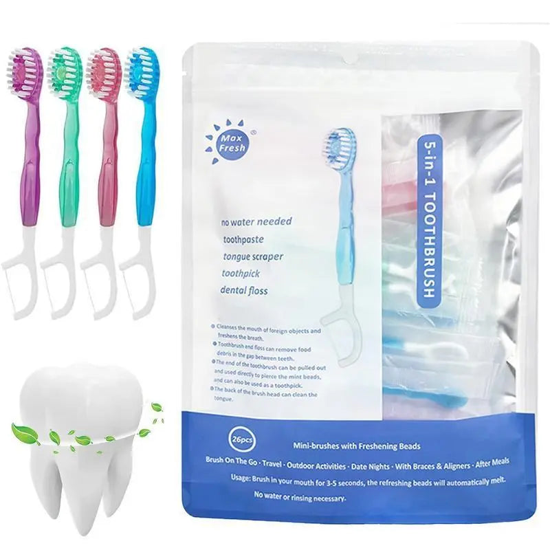 【For Date Nights】26/52 PCS Disposable Toothbrushes,5-in-1 Mini Brushes with Toothpaste & Toothpick, Individually Wrapped, 4 Flavors On-The-Go Toothbrush for Work Travel