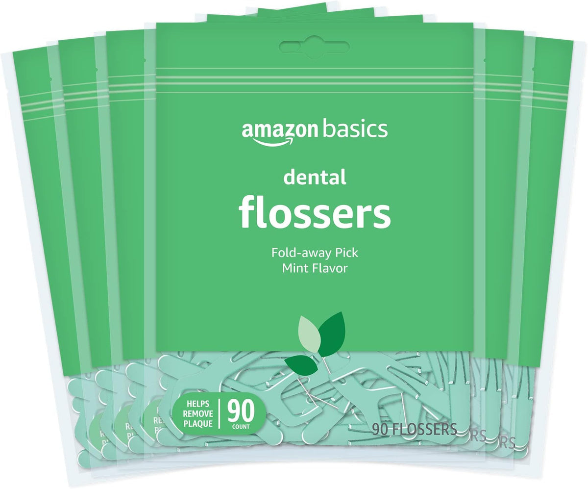 Amazon Basics Mint Dental Flossers, Shred Resistant, Slides Easily Between Teeth, with Fold-Away Pick, 90 Count, 1-Pack (Previously Solimo)