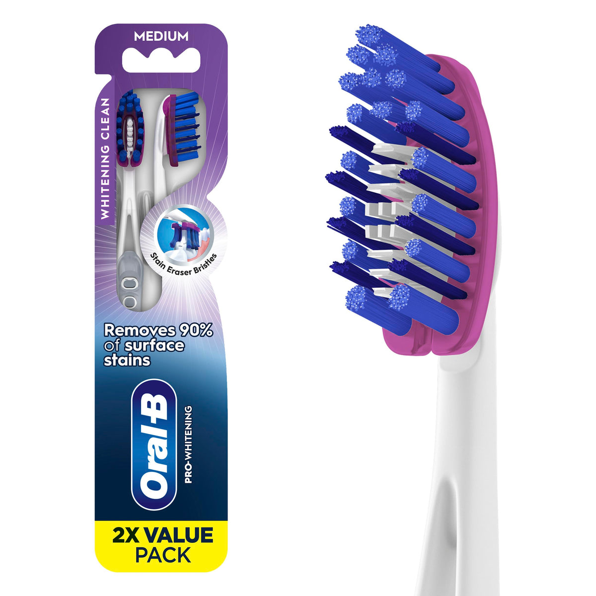 Oral-B 3D White Deep Stain Remover toothbrushes, 4 Count Toothbrush Medium, Removes 90% of Surface Stains, whitens Teeth, deep Reach, removes Plaque and Stains Tooth Brush