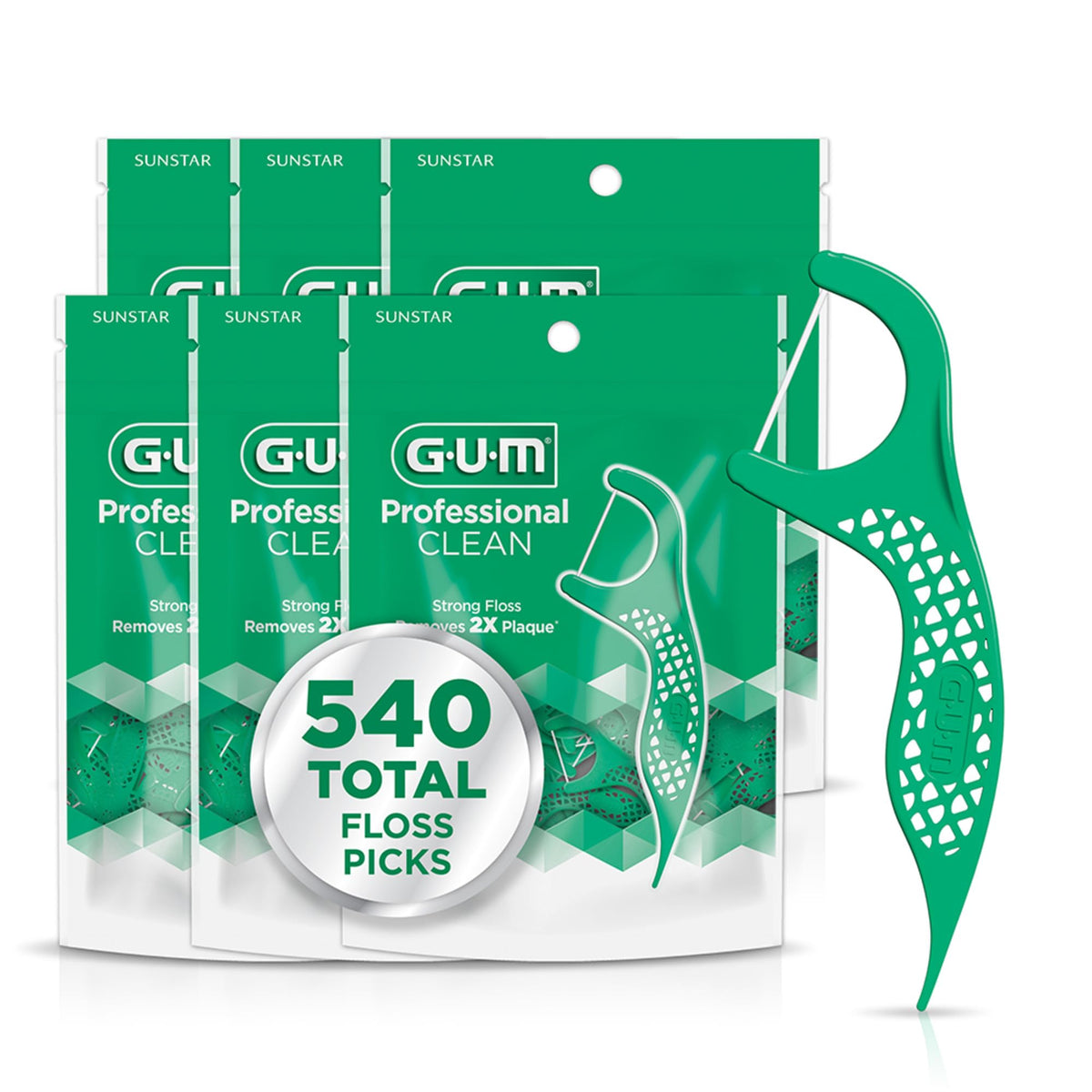 GUM Professional Clean Dental Floss Picks, Fresh Mint, 90 Count (6 Pack)