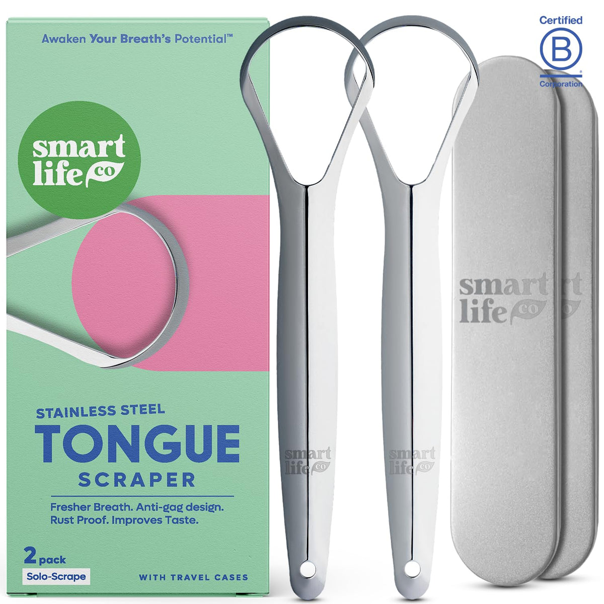 Tongue Scraper For Adults - Dual Head Stainless Steel Tongue Cleaner Travel Metal Case | Bad Breath Mouth Treatment | Best Disposable Metal Plastic-Free Scrubber | Oral Care Hygiene Essential Kit, 2pk