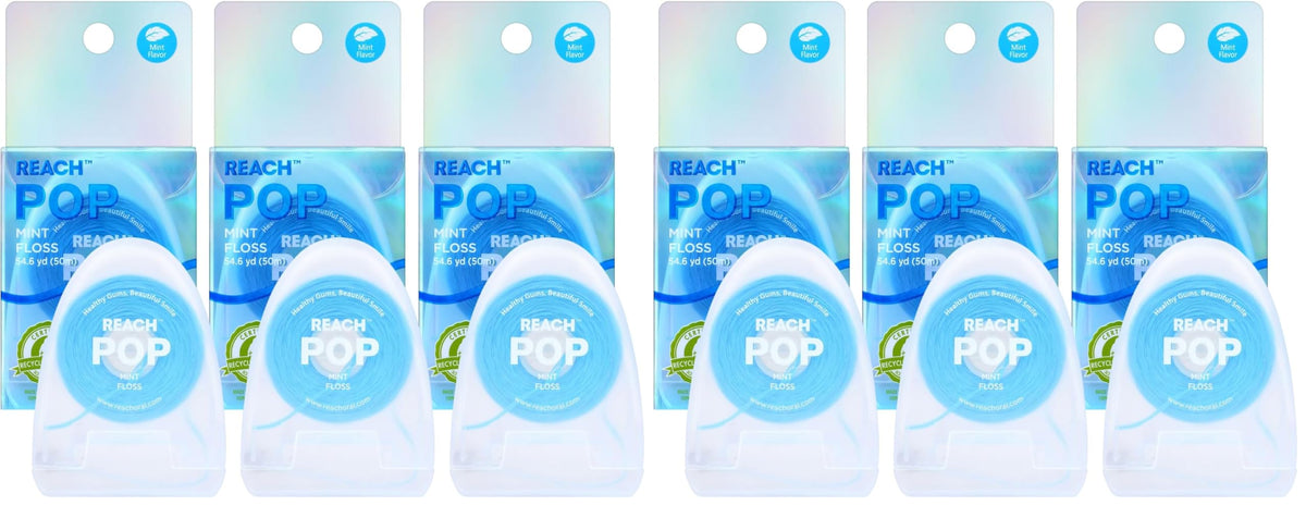 REACH POP Dental Floss, Mint, Plaque Remover for Teeth, Shred Resistant, Vegan Wax, Cruelty Free, Eco Friendly Packaging, Oral Care, PFAS Free, for Adults & Kids, 3 Pack, 54.6 yd