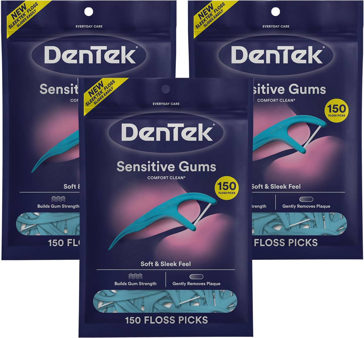 DenTek Comfort Clean Sensitive Gums Floss Picks, Soft & Silky Ribbon, 150 Count, 6 Pack (Blue)