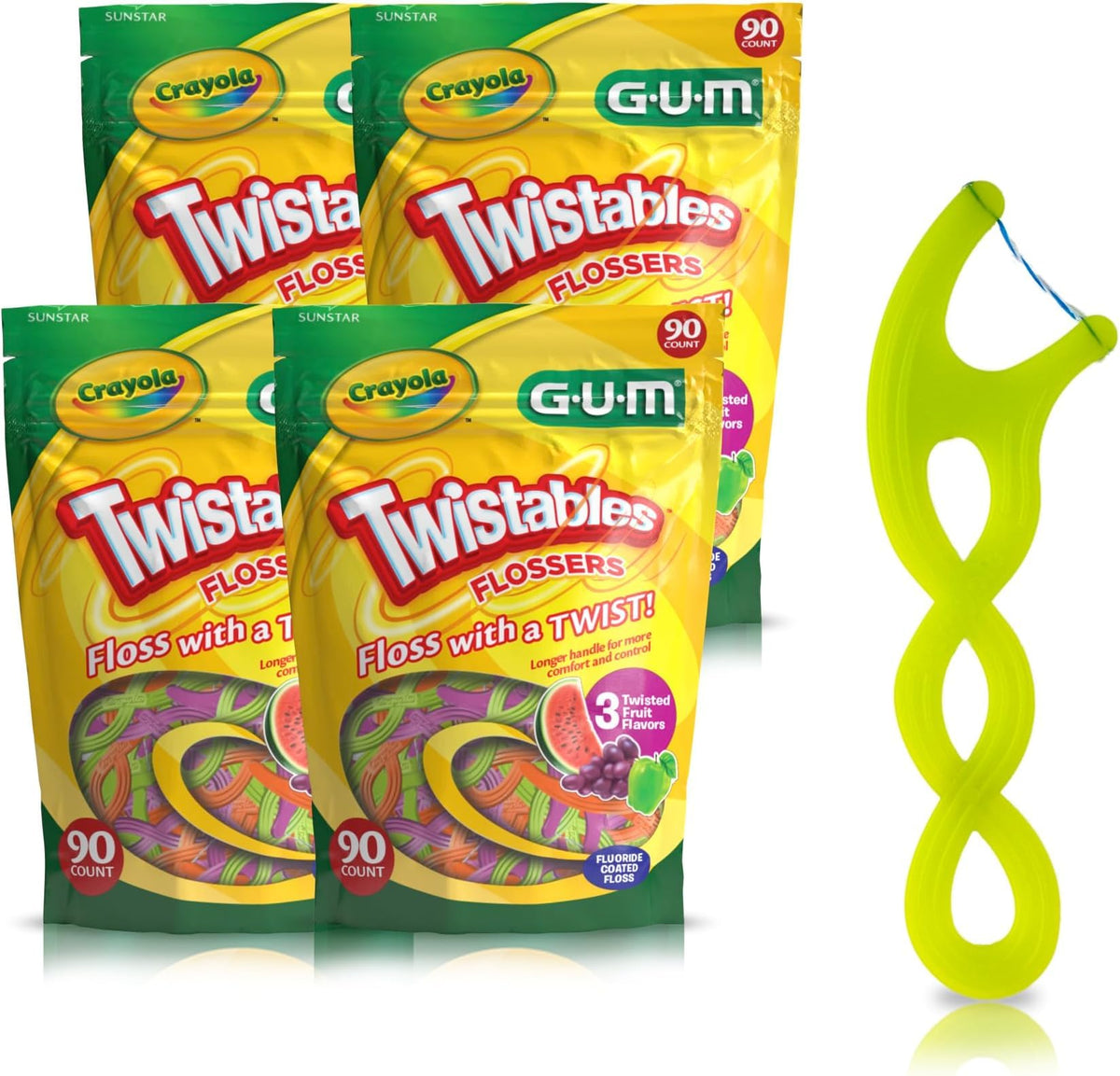 GUM Crayola Twistables Kids Floss Pick with Fluoride, 90 Count (4 Pack)