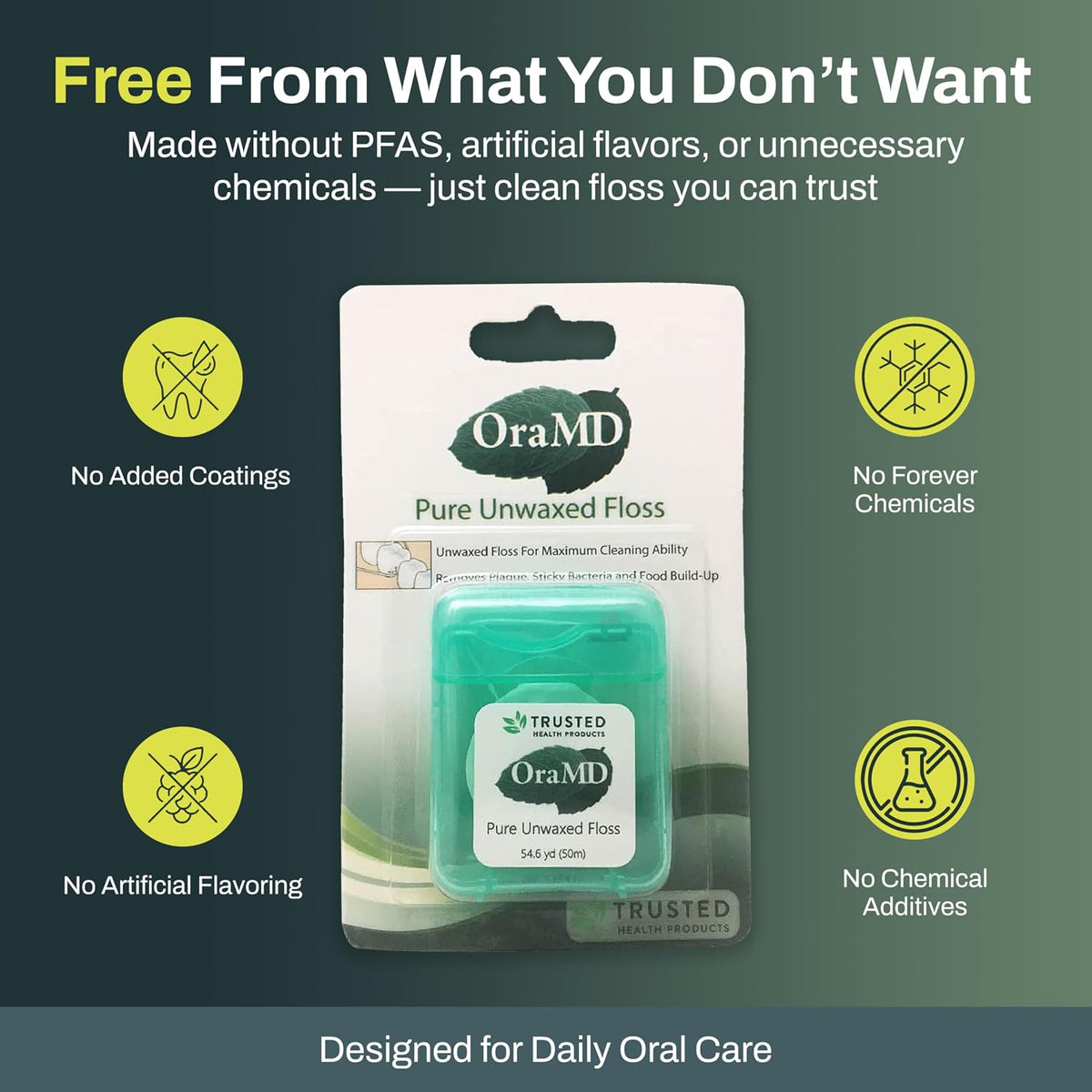 OraMD Oral Care Pure Unwaxed Dental Floss 54.6 Yards - PFAS-Free, Chemical Free, Shred Resistant - Unscented and Ultraclean Plaque Removal - Teeth and Gum Protection for Adults - Pack of 6