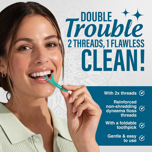 GuruNanda Dual Slickers Floss Picks - Double Threaded Dyneema Dental Floss with Foldable Toothpick for Effective Plaque Removal - Unflavored- 150 Ct