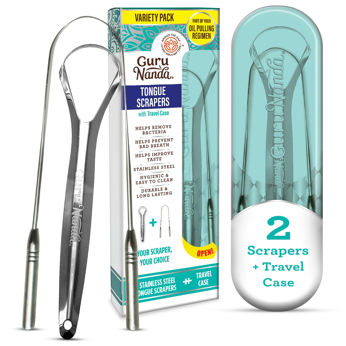 GuruNanda Tongue Scraper for Adults (2 Pack) with Travel Case, 420 Medical-grade 100% Stainless Steel Tongue Cleaner, Aids in Fresh Breath & Oral Care