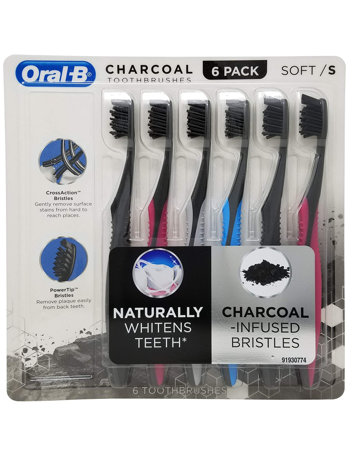Oral-B 3D White Charcoal Toothbrush, 2 Count Soft Manual tootbrush Pack, Whitens Teeth, removes Plaque and Stains, Tongue Scraper Tooth Brush