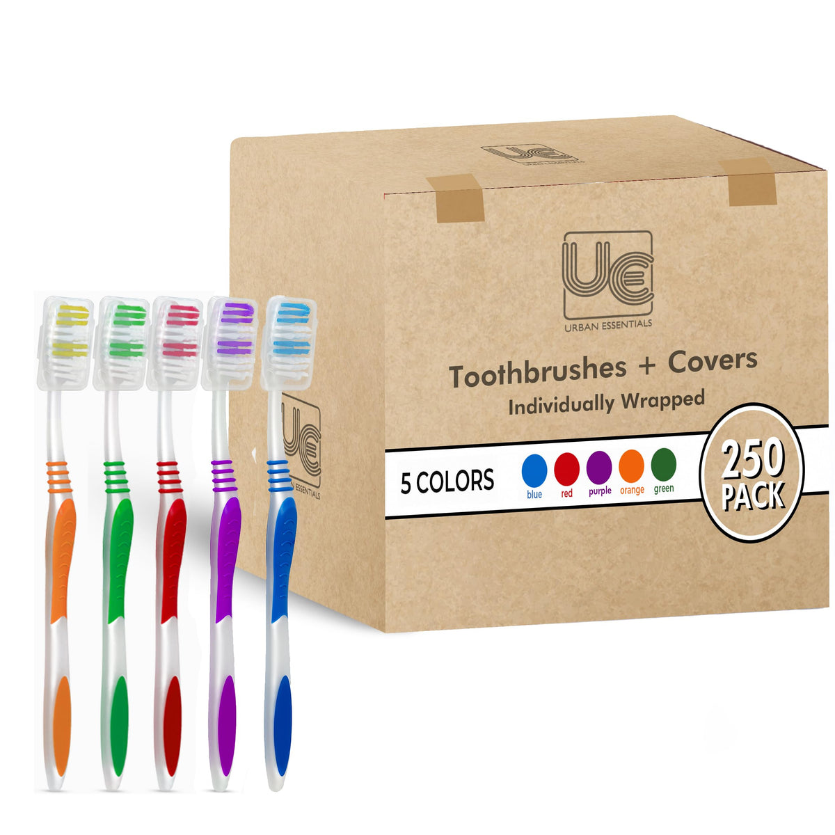 Urban Essentials Bulk Toothbrush Package with Covers | Premium Quality Individually Wrapped Colorful Tooth Brushes | Medium Soft Toothbrush Hygienic Cap for Donations, Travel, Hotels (100 Pack)