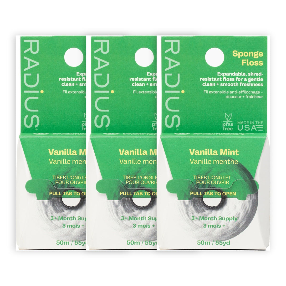 RADIUS Vegan Sponge Floss, Soft Expanding Dental Floss for Sensitive Gums and Tight Teeth, PFAS Free, Vegan, Plastic Free Packaging, 50m / 55 yd, Peppermint, Pack of 3