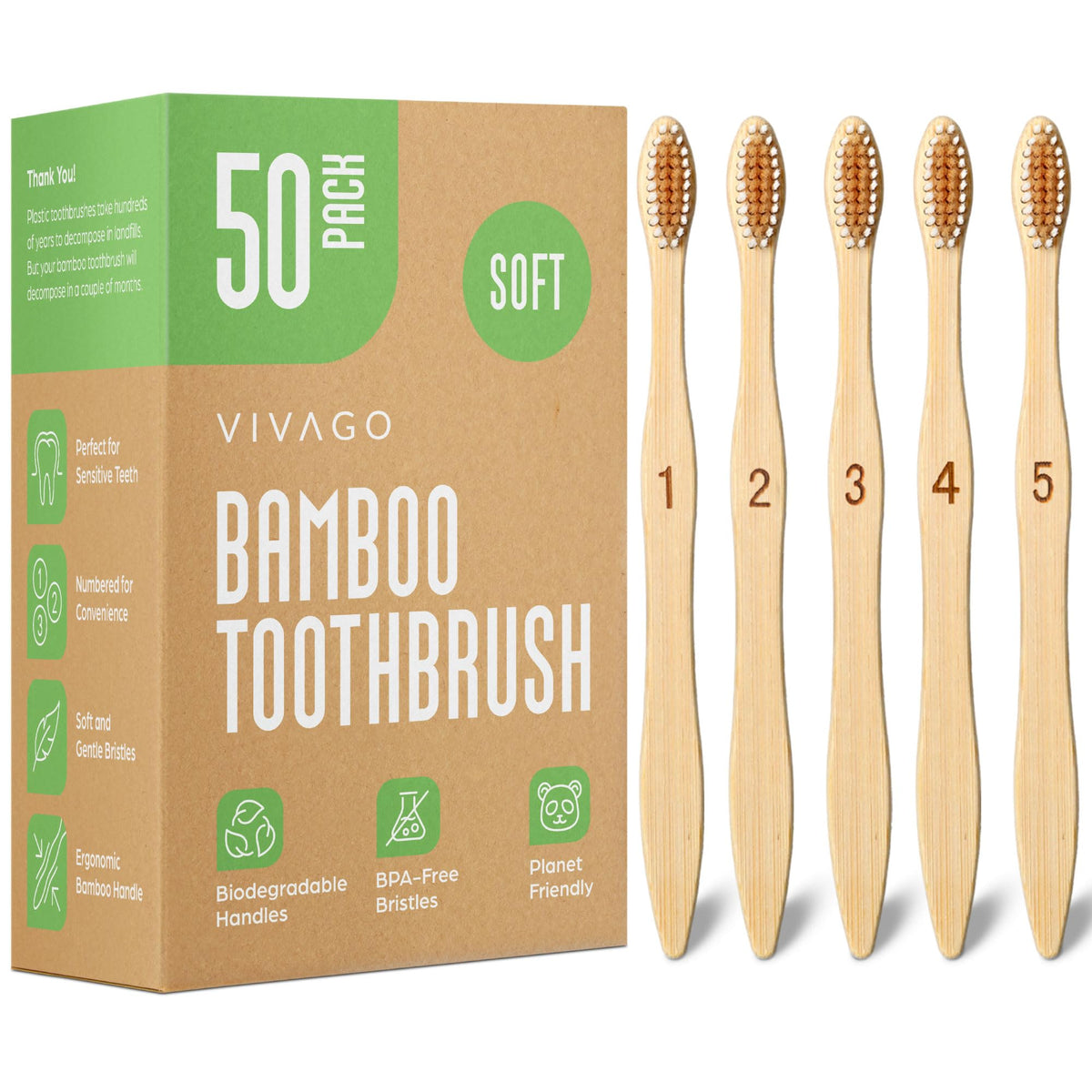 VIVAGO Bamboo Toothbrushes 10 Pack - Soft Bristles Toothbrushes for Adults