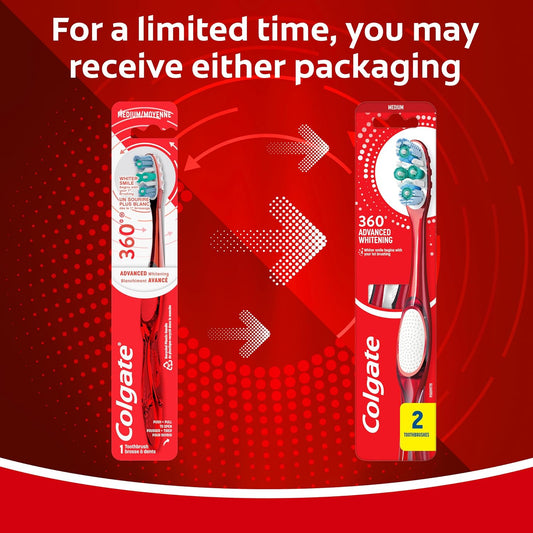 Colgate 360 Optic White Advanced Adult Whitening Toothbrush, Medium, 2 Pack