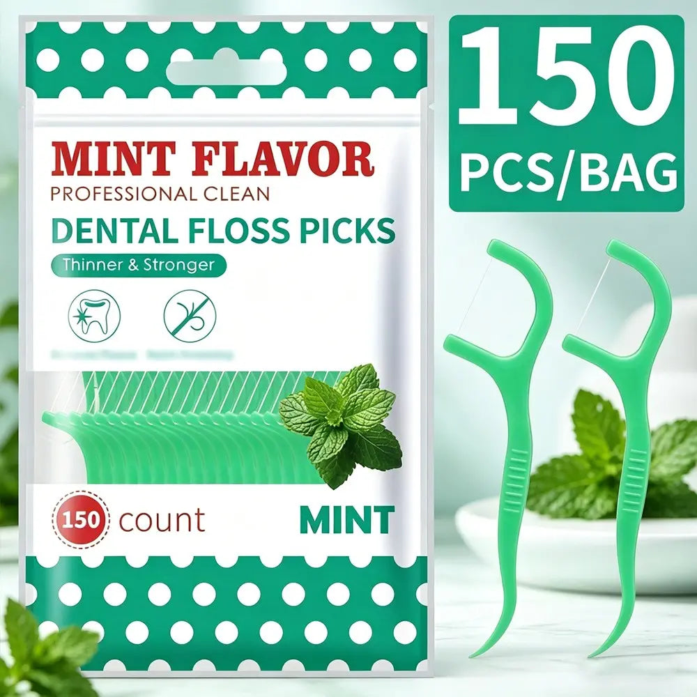 2 Bags 300pcs Disposable Mint Floss, Family Size Dental Floss Sticks, Includes 2 Convenient Mint Floss Rolls, Oral Care Essentials, Tooth Floss