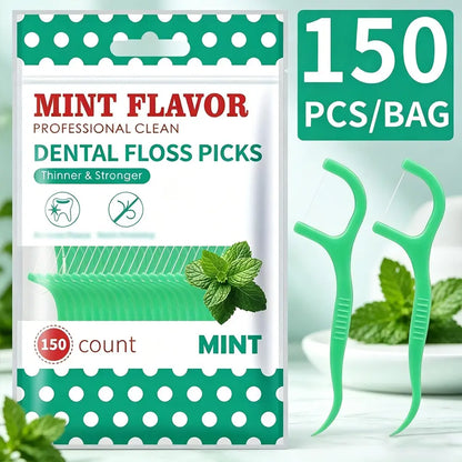 2 Bags 300pcs Disposable Mint Floss, Family Size Dental Floss Sticks, Includes 2 Convenient Mint Floss Rolls, Oral Care Essentials, Tooth Floss