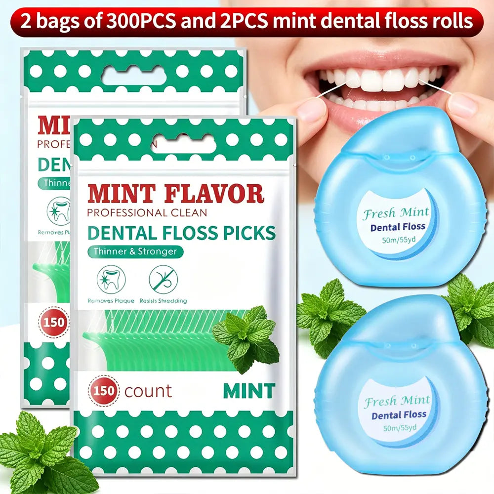 2 Bags 300pcs Disposable Mint Floss, Family Size Dental Floss Sticks, Includes 2 Convenient Mint Floss Rolls, Oral Care Essentials, Tooth Floss