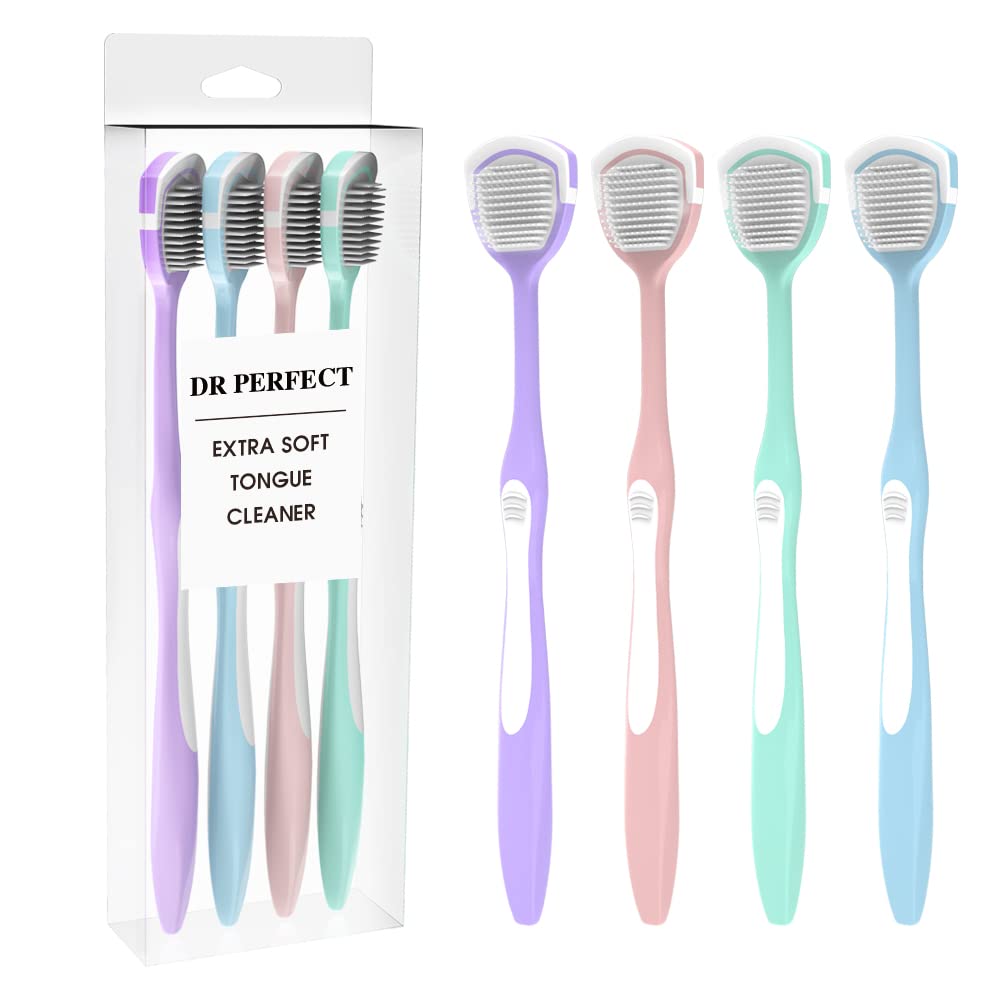 DR PERFECT Soft Tongue Brush Scraper Cleaner Helps Fight Bad Breath Clean Your Tongue Without Hurt Pack Of 4 (GREEN PURPLE BLUE PINK)