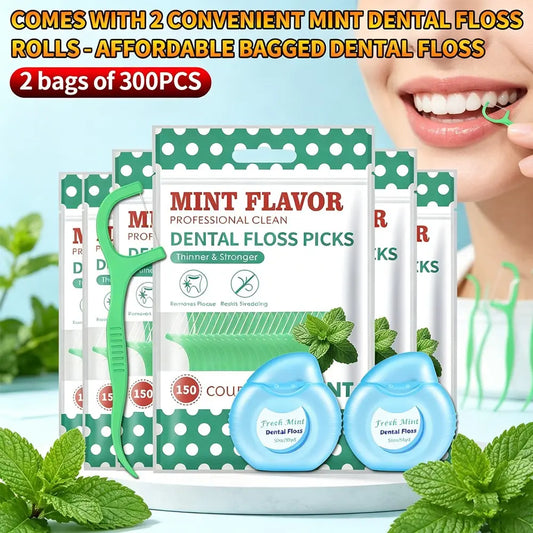 2 Bags 300pcs Disposable Mint Floss, Family Size Dental Floss Sticks, Includes 2 Convenient Mint Floss Rolls, Oral Care Essentials, Tooth Floss