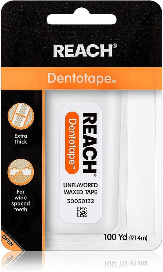 Reach Dentotape Waxed Dental Floss with Extra Wide Cleaning Surface for Large Spaces between Teeth, Unflavored, 100 Yards (Pack of 3)