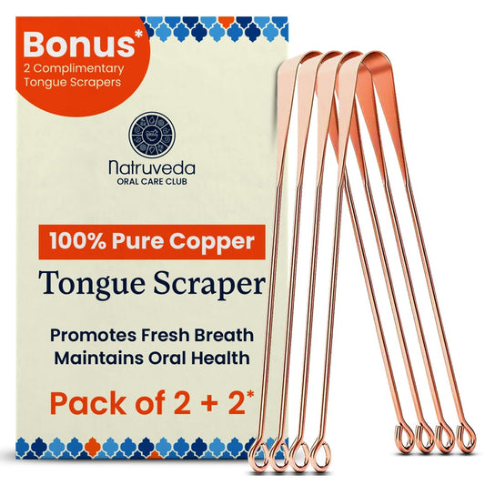 Natruveda Pure Copper Tongue Scraper for Adults and Kids - 4 Pack Premium Ayurvedic Metal Tongue Cleaner Set, Fresh Breath Hygiene Support, Travel-Friendly, USA-Based Seller