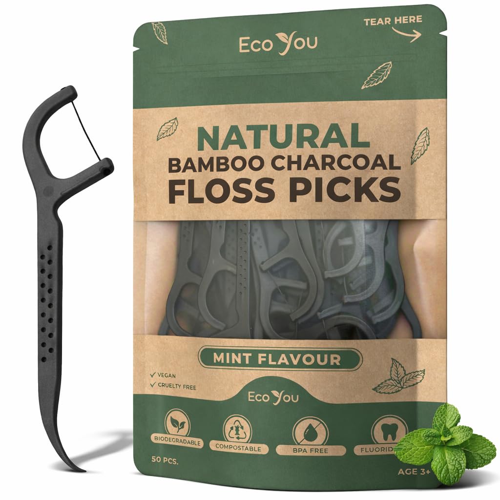 Biodegradable Floss Picks | 100 Count (2 Pack) | Mint Flavor, Candelilla Wax | Sustainable & Reusable | Vegan & Cruelty-Free | Bamboo Floss Picks, Bamboo Toothpicks