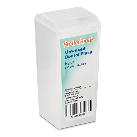 Practicon SmileGoods Unwaxed 200 Yard Dental Floss, Shred Resistant Nylon, Noncoated, Wax Less, Wax Free Floss, 1 Pack