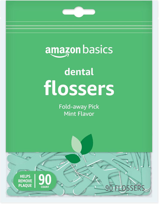 Amazon Basics Mint Dental Flossers, Shred Resistant, Slides Easily Between Teeth, with Fold-Away Pick, 90 Count, 1-Pack (Previously Solimo)