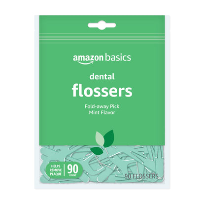 Amazon Basics Mint Dental Flossers, Shred Resistant, Slides Easily Between Teeth, with Fold-Away Pick, 90 Count, 1-Pack (Previously Solimo)
