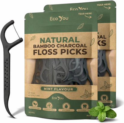 Biodegradable Floss Picks | 100 Count (2 Pack) | Mint Flavor, Candelilla Wax | Sustainable & Reusable | Vegan & Cruelty-Free | Bamboo Floss Picks, Bamboo Toothpicks