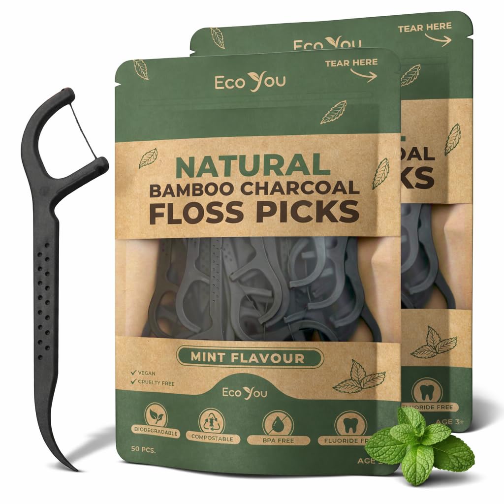 Biodegradable Floss Picks | 100 Count (2 Pack) | Mint Flavor, Candelilla Wax | Sustainable & Reusable | Vegan & Cruelty-Free | Bamboo Floss Picks, Bamboo Toothpicks