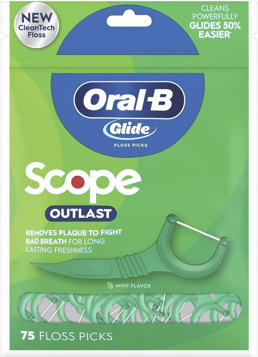 Oral-B Complete Glide Dental Floss Picks Plus Scope Outlast, Long Lasting Mint, 75 Dental Floss Picks, Pack of 6