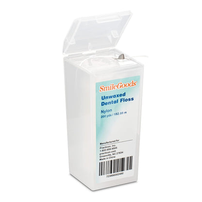 Practicon SmileGoods Unwaxed 200 Yard Dental Floss, Shred Resistant Nylon, Noncoated, Wax Less, Wax Free Floss, 1 Pack