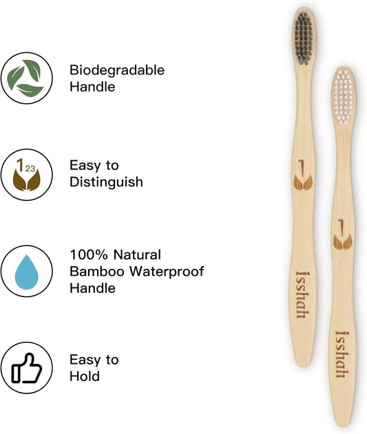 Isshah Biodegradable Bamboo Charcoal Toothbrush - 12 Pack - FSC Certified