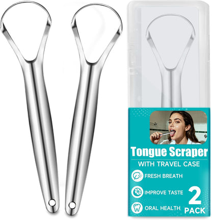 EZ COZY 2 Pack Tongue Scraper for Adults, Reduce Bad Breath, Tongue Cleaner with Travel Case, Stainless Steel Tongue Scrapers, Tongue Brush, Tongue Scrubber for Oral Care & Hygiene