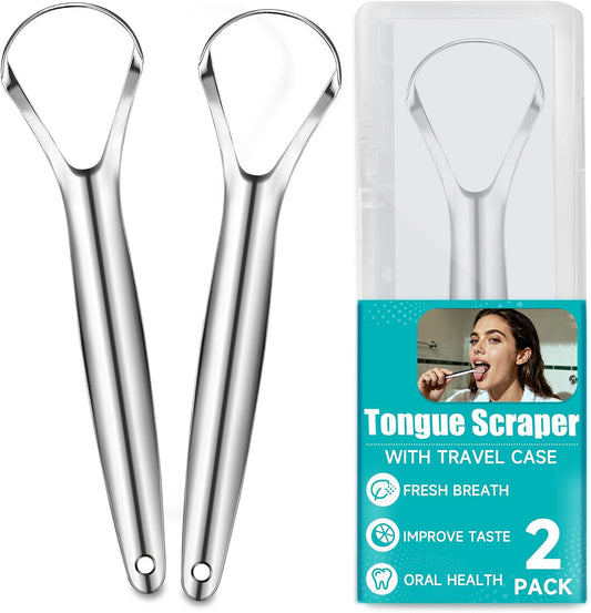 EZ COZY 2 Pack Tongue Scraper for Adults, Reduce Bad Breath, Tongue Cleaner with Travel Case, Stainless Steel Tongue Scrapers, Tongue Brush, Tongue Scrubber for Oral Care & Hygiene