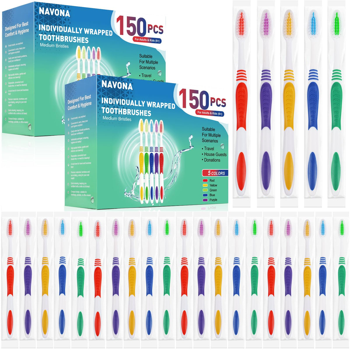 Navona 150 PCS Premium Individually Wrapped Bulk Toothbrush Pack, Disposable Toothbrushes, Kids Toothbrush, Medium Soft Bristle Toothbrushes, Ergonomics Handle, Perfect for Travel Hotel Donation