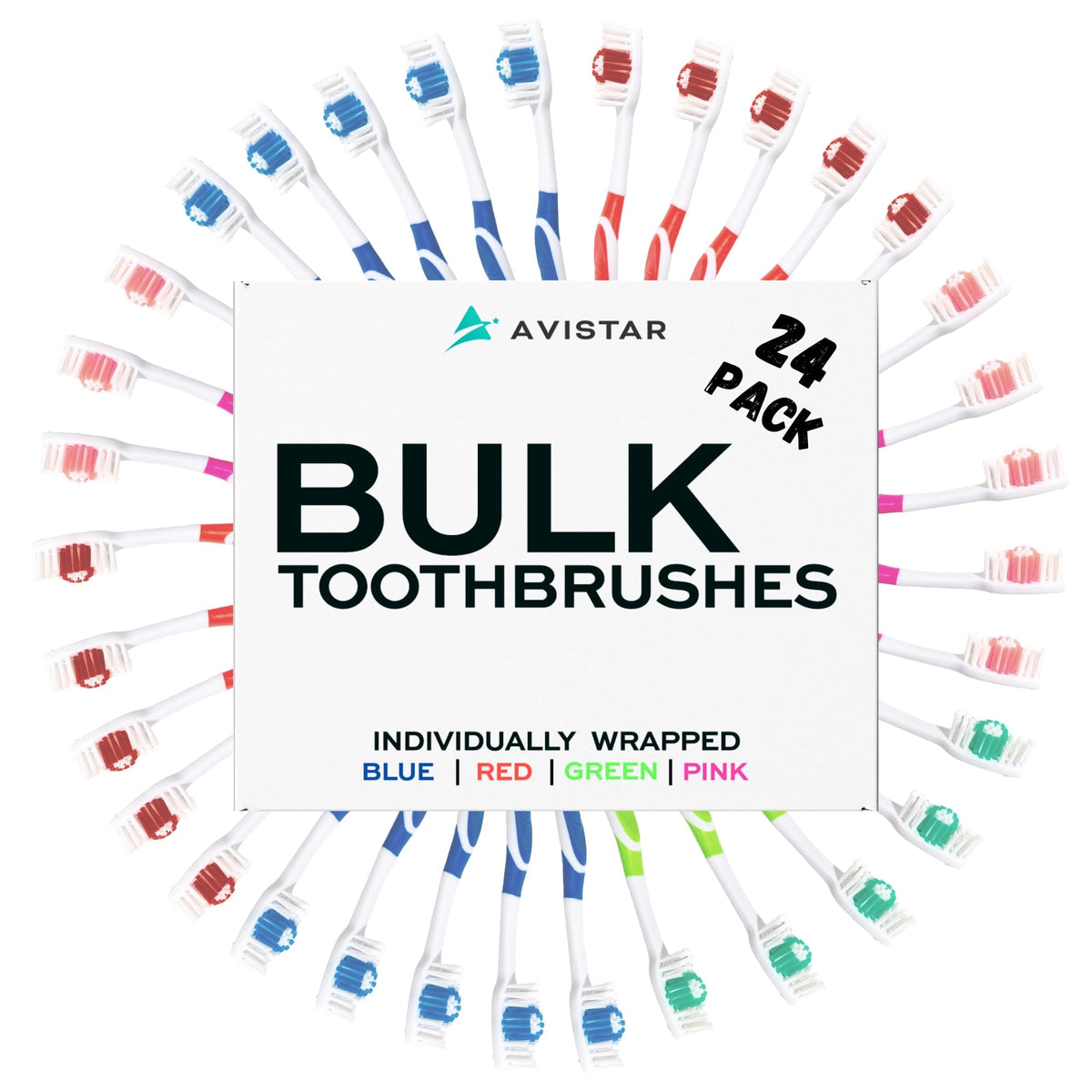 Avistar Bulk Toothbrushes Pack - 148 Individually Wrapped for Travel, Hotels, Relief Missions, and Donations - Disposable Toothbrush Pack Adults and Kids - Red, Blue, Green, Pink