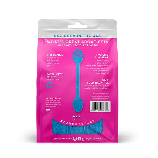 GRIN Tongue Cleaner Strap, 48 Count, Disposable Tongue Cleaner, Hygienic Dual Edge Scraper, Recycled Plastic, Clean Tongue, Healthy Tongue, Promote Fresh Breath, Includes Safe Fold- Back Tooth Pick
