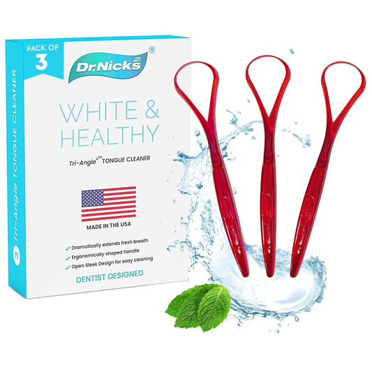 Tongue Scraper (3 pack)(Red) - 100% BPA Free - Dentist Designed for Fresh Breath - Dr. Nick’s White & Healthy Easy to Use Plastic Tongue Cleaner for Adults