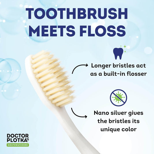 MOUTHWATCHERS Dr Plotkas Soft Bristle Flossing Toothbrush Manual Soft Toothbrush for Adults, Ultra Clean, Good for Sensitive Teeth and Gums, Variety 4 Pack, Colors May Vary