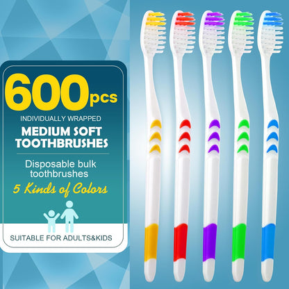 600 PCS Premium Individually Wrapped Bulk Toothbrush, Disposable Toothbrush