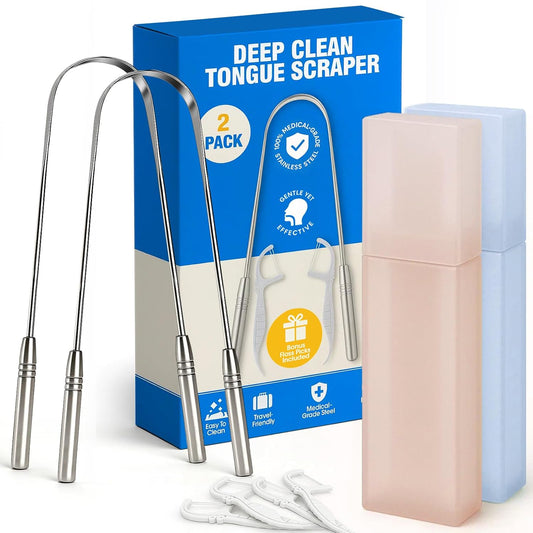 Stainless Tongue Scraper Set for Adults： Easy To Use For Oral Care and Hygiene – Pack Of 2 Stainless Steel Tongue Cleaners, 2 Travel Cases, 4 Floss Picks – Cleaning for Tongue Care & Fresh Breath