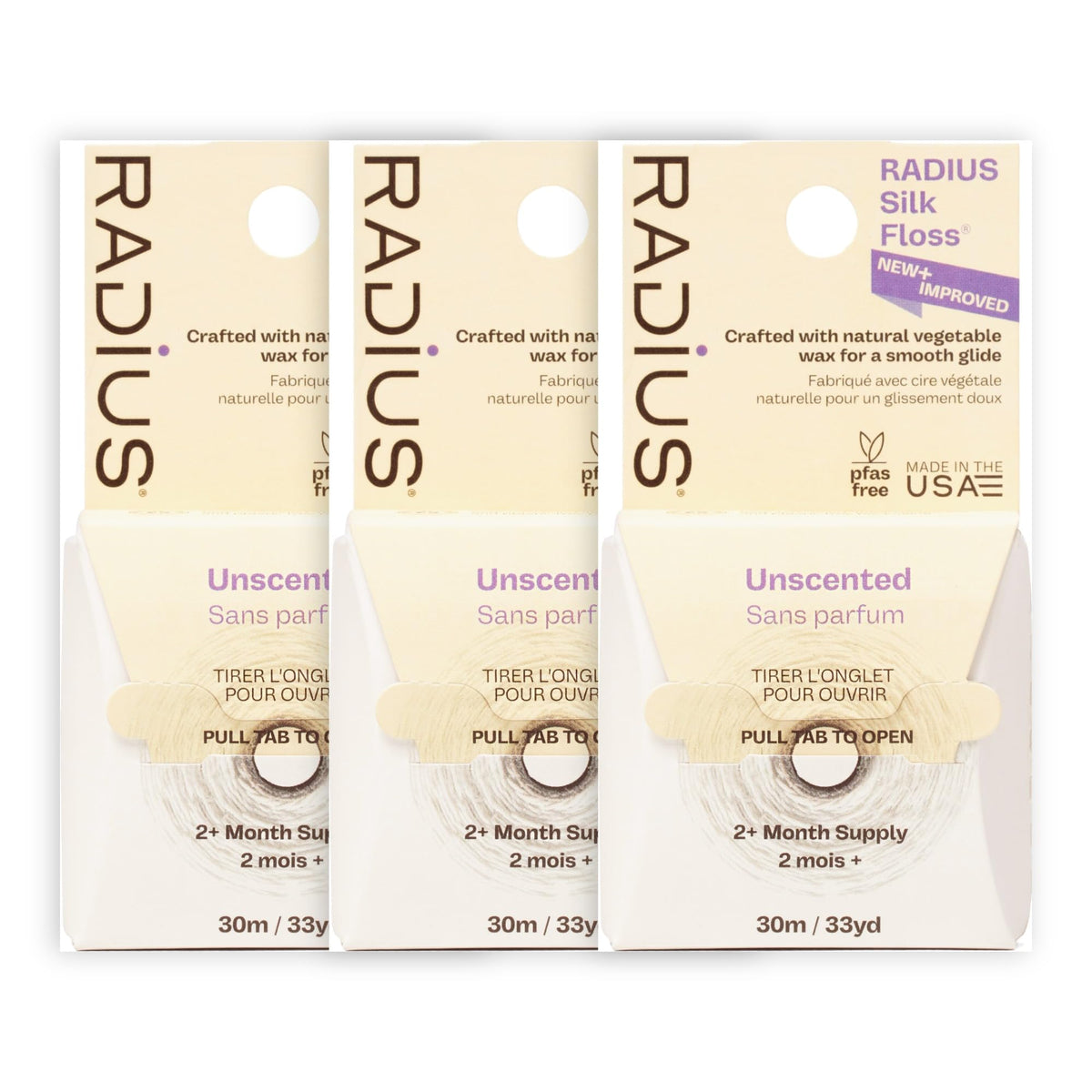 RADIUS Silk Dental Floss, Natural Biodegradable Floss for Sensitive Gums, PFAS Free, Compostable, Unscented, 30m / 33yd, Pack of 6