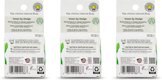 RADIUS Vegan Sponge Floss, Soft Expanding Dental Floss for Sensitive Gums and Tight Teeth, PFAS Free, Vegan, Plastic Free Packaging, 50m / 55 yd, Peppermint, Pack of 3