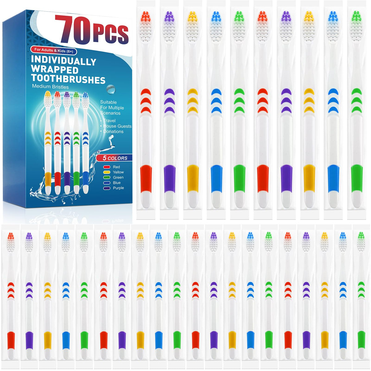 50 PCS Premium Individually Wrapped Bulk Toothbrush, Disposable Toothbrush