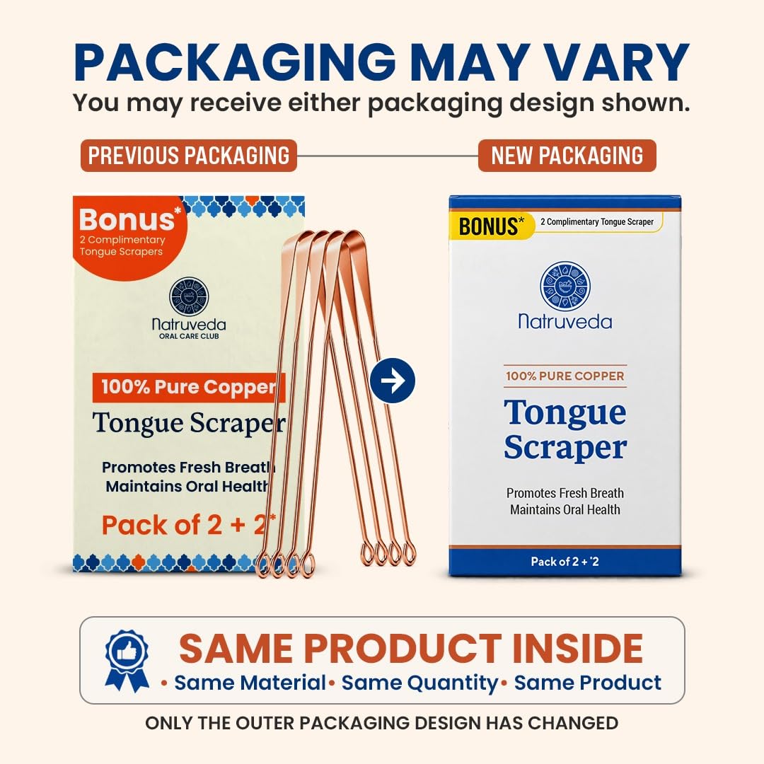 Natruveda Pure Copper Tongue Scraper for Adults and Kids - 4 Pack Premium Ayurvedic Metal Tongue Cleaner Set, Fresh Breath Hygiene Support, Travel-Friendly, USA-Based Seller