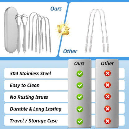 6 Pack Tongue Scraper for Adults - Reusable & Easy to Clean Tongue Scrubber with Travel Case - Medical-Grade 100% Stainless Steel Tongue Cleaner for Fresh Breath & Oral Care & Hygiene