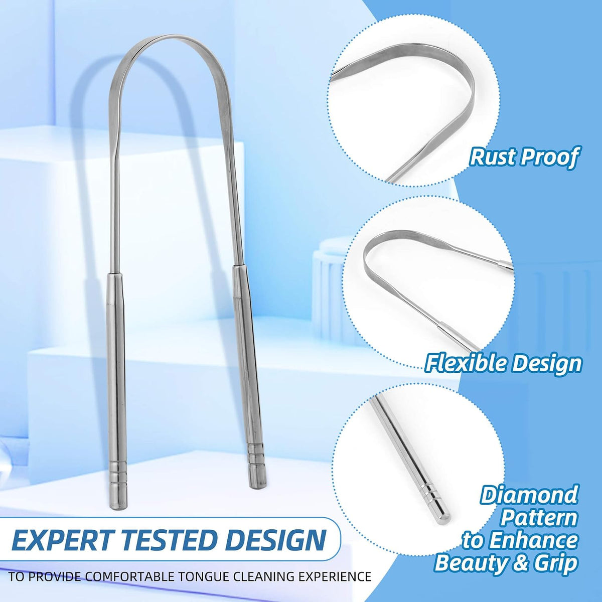 6 Pack Tongue Scraper for Adults - Reusable & Easy to Clean Tongue Scrubber with Travel Case - Medical-Grade 100% Stainless Steel Tongue Cleaner for Fresh Breath & Oral Care & Hygiene