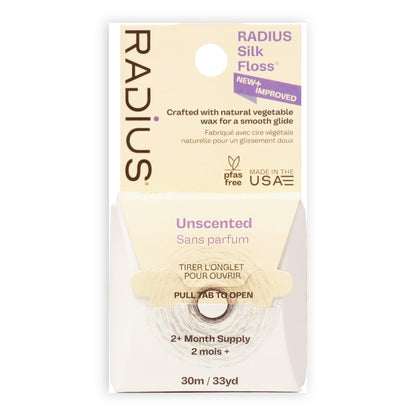 RADIUS Silk Dental Floss, Natural Biodegradable Floss for Sensitive Gums, PFAS Free, Compostable, Unscented, 30m / 33yd, Pack of 6