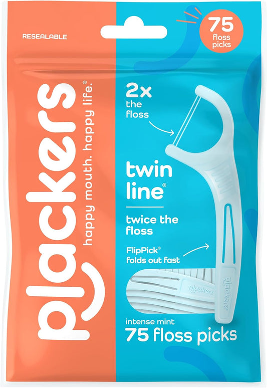 Plackers Twin Line Floss Picks, Intense Mint, 75 Count