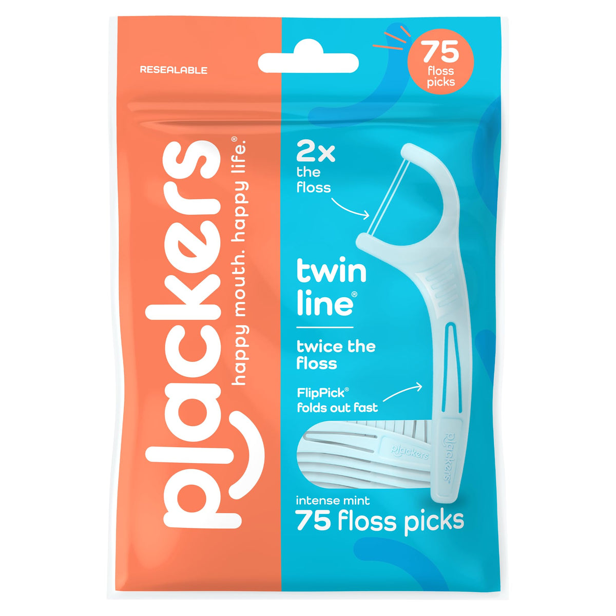 Plackers Twin Line Floss Picks, Intense Mint, 75 Count